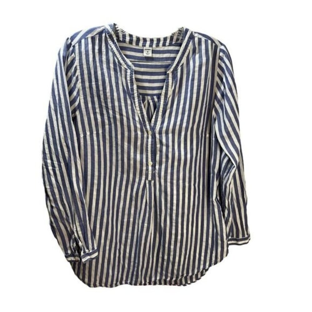 NWOT Old Navy Blouse Top Blue‎ Stripe V Neck 1/2 Button Cotton Medium